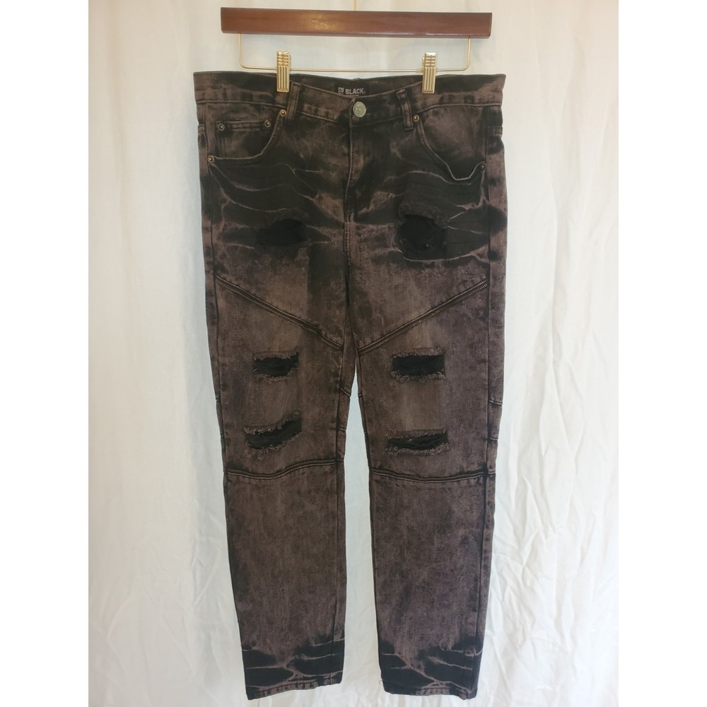 Black Premium Mens Moto Distressed Acid Wash Zipper Jeans 32x30 Black RN 70829